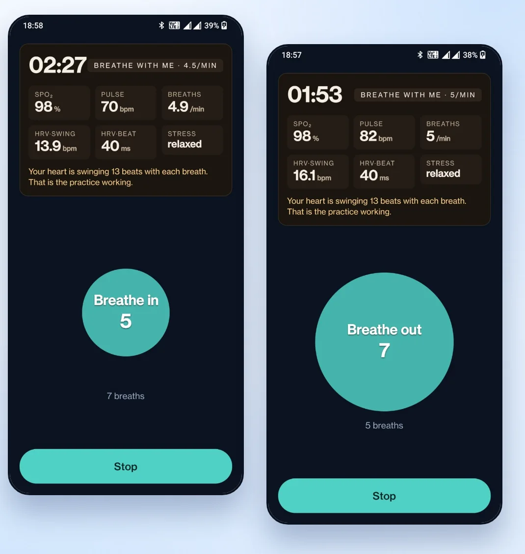 Breathing practice with a finger oximeter in the app